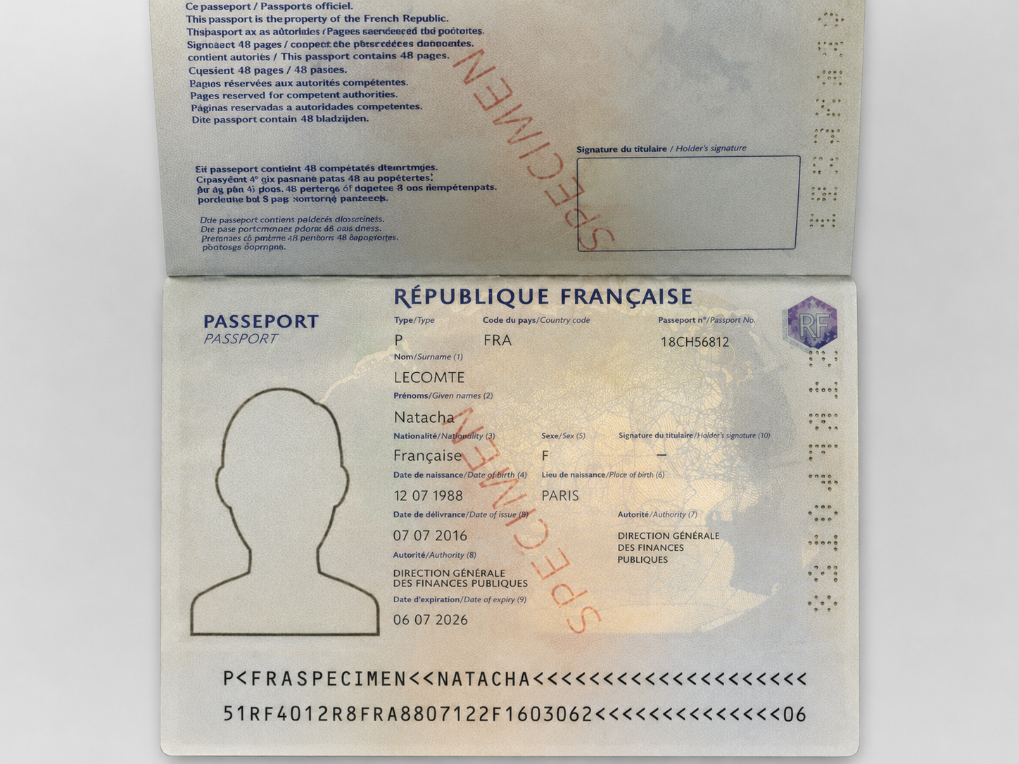 Spécimen de la page d'identité du passeport